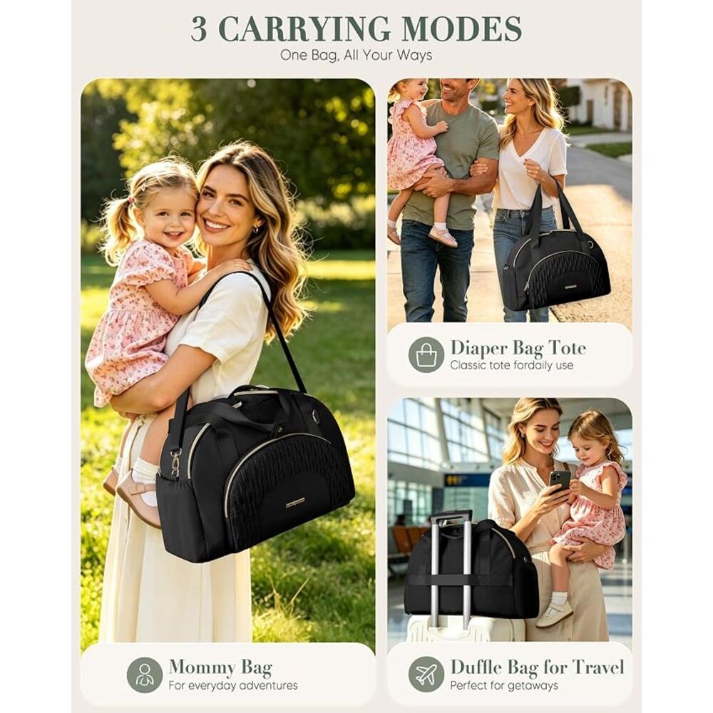 Large Black Diaper Bag Tote w/ Changing Pad Crossbody Travel Organizer - Picture 5 of 7